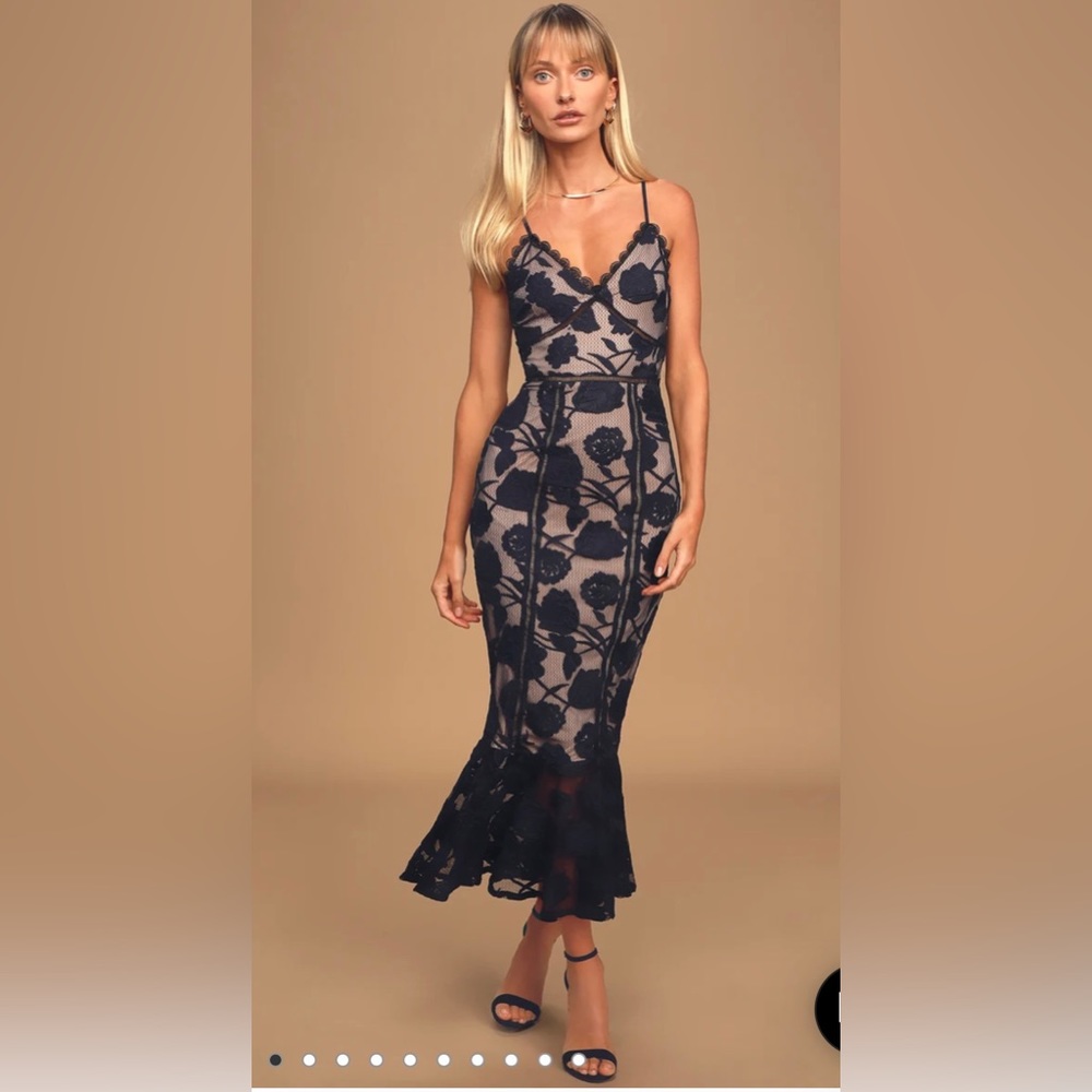 Lulu’s Small Alluring Dream Navy Blue Floral Mesh Lace Trumpet Midi Dress